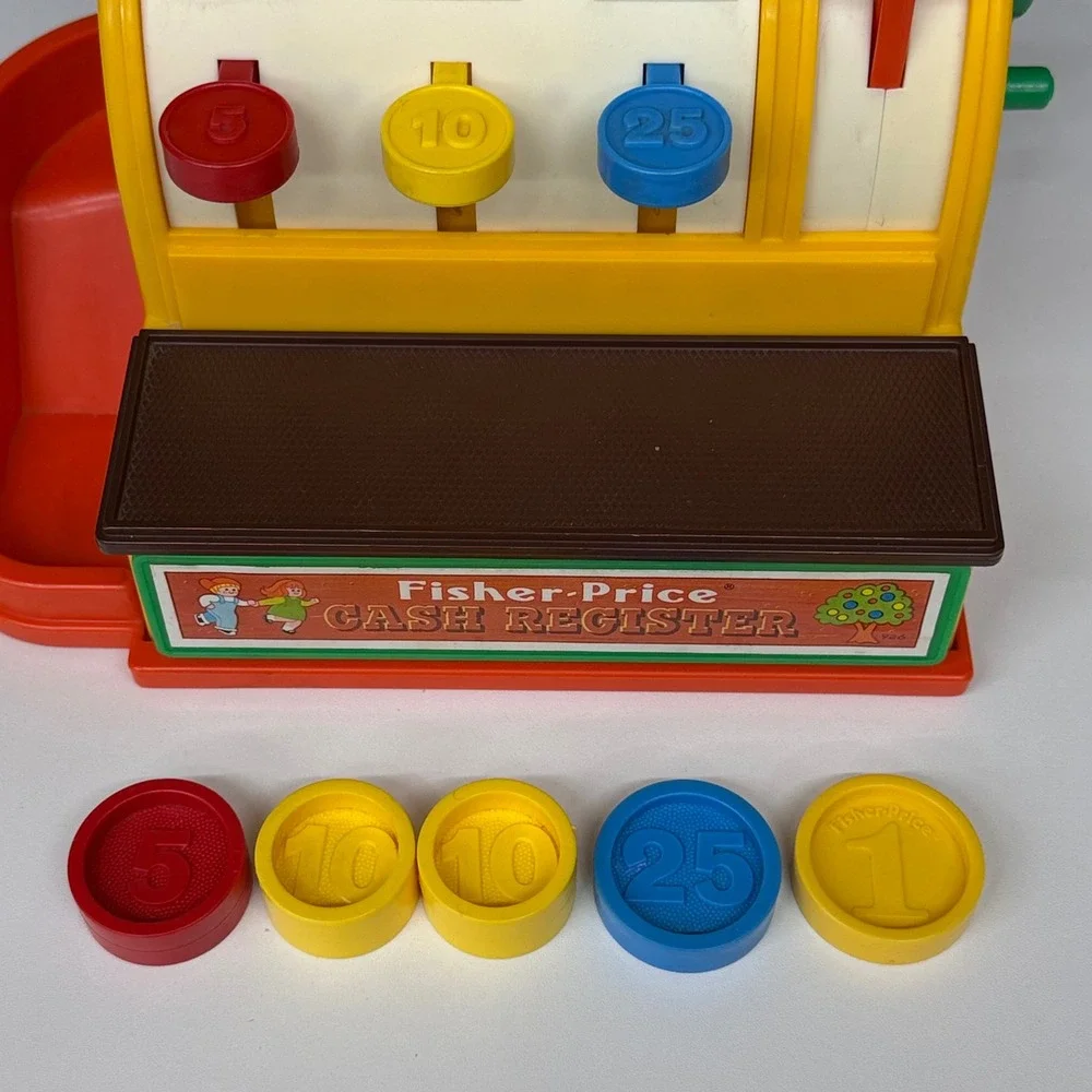 Vintage 1974 Fisher Price Cash Register 926 with 5 Coins Retro Toy Made in USA